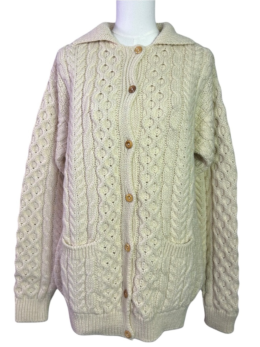 Vintage John Molloy Wool Irish Aran Fisherman Cable Knit Cardigan Sweater XL